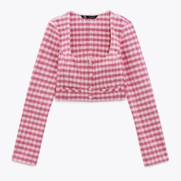 Zara Pink Plaid Gingham Checkered Cotton Crop Top - Picture 5 of 13